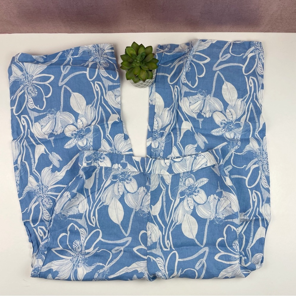 Magaschoni Blue White Floral Tropical Linen Pants Women Large
